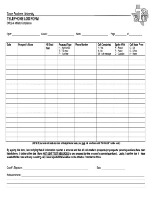 TELEPHONE LOG FORM - Texas Southern University - tsu