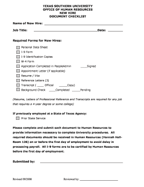 9 line ied - Personal Data Sheet I-9 Form I-9 Identification Copies W-4 Form Application Completed in PeopleAdmin Appointment Letter (if applicable) Resume Vita Reference Letters (3) Transcript ( Official Background Check Copy) Completed Pending Signe -