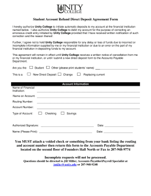 Student Account Refund Direct Deposit Agreement Form