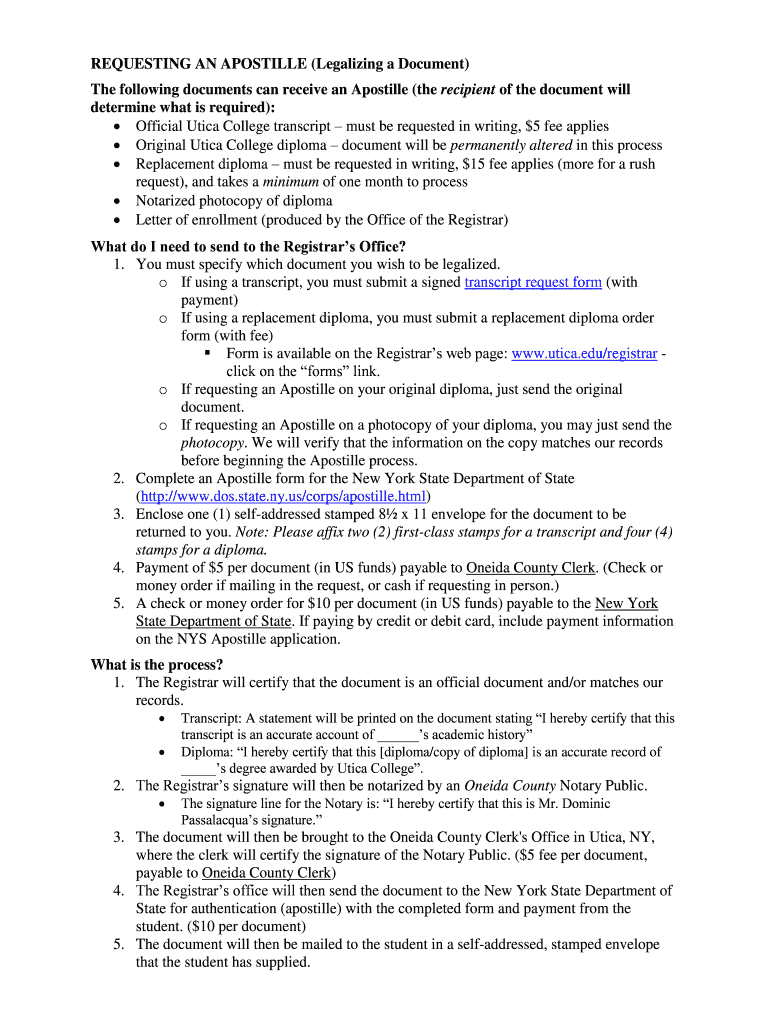 REQUESTING AN APOSTILLE (Legalizing a - Utica College - utica Preview on Page 1