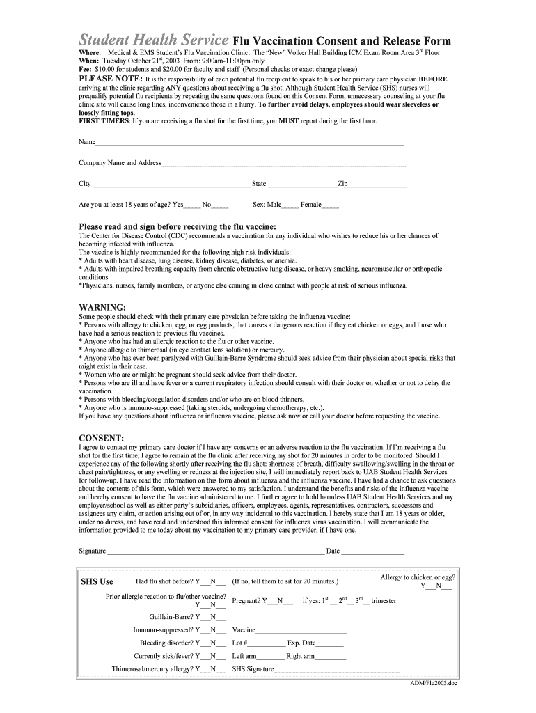 Student Health Service Flu Vaccination Consent and Release Form - uab Preview on Page 1