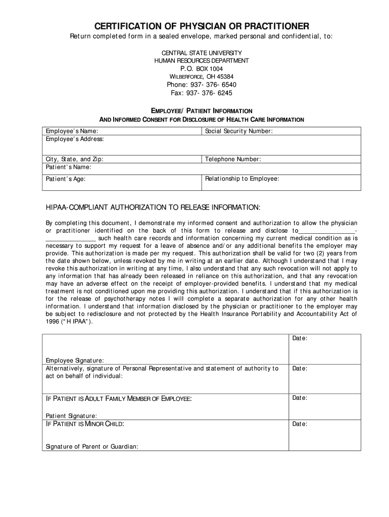 CERTIFICATION OF PHYSICIAN OR PRACTITIONER Petition for Approval-Human Subjects Preview on Page 1