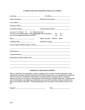 Career Services Registration Data Sheet