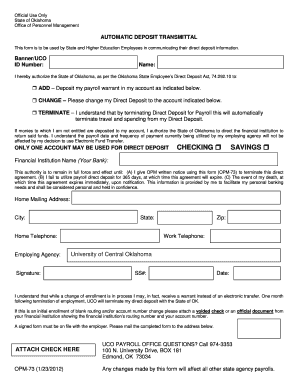 Oklahoma Direct Deposit Form