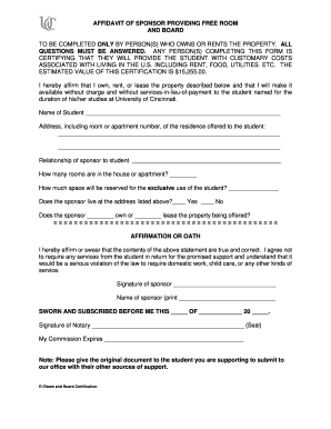 Affidavit of Sponsor Providing Free Room and Board