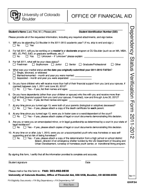 CU Boulder Dependency Status Verification Form 2011-2012