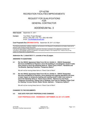 CP142789 RECREATION FACILITIES IMPROVEMENTS REQUEST FOR QUALIFICATIONS FOR GENERAL CONTRACTOR ADDENDUM No - colorado