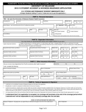 University of Delaware Student Health Insurance Application