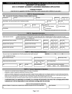 University of Delaware Student Accident & Sickness Insurance Application