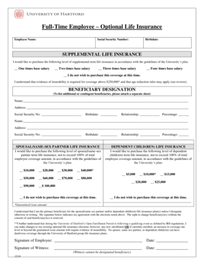 University of Hartford Optional Life Insurance Form