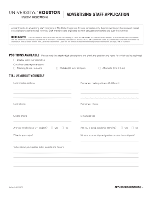 Fillable Online uh ADVERTISING STAFF APPLICATION Fax Email Print - pdfFiller