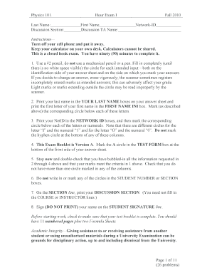 Physics 101 Hour Exam I Fall 2010