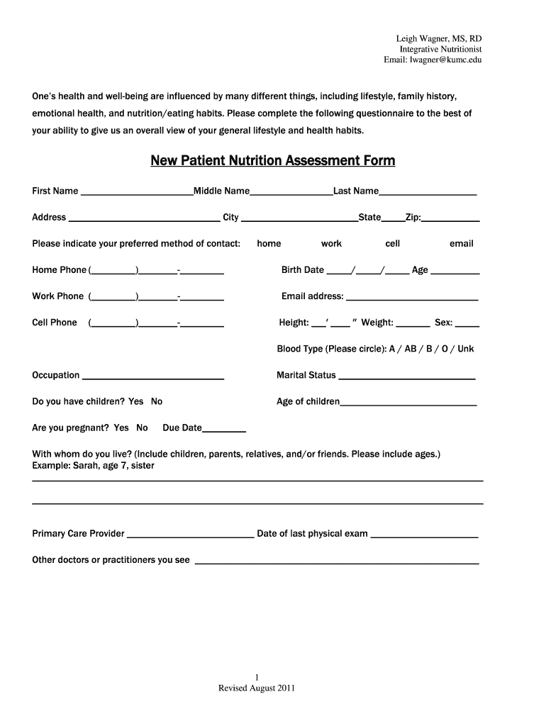 nutrition assessment form Preview on Page 1