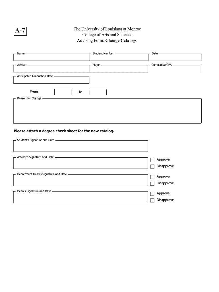 A7 The University of Louisiana at Monroe College of Arts and Sciences Advising Form: Change Catalogs Preview on Page 1