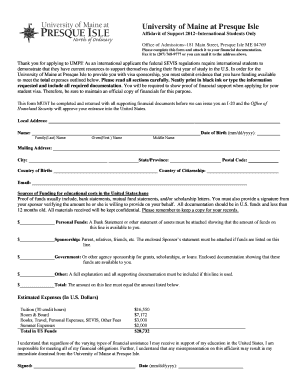 Affadavit of Support Form - University of Maine at Presque Isle - umpi