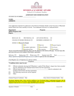 University of Maryland Admission Recommendation Form