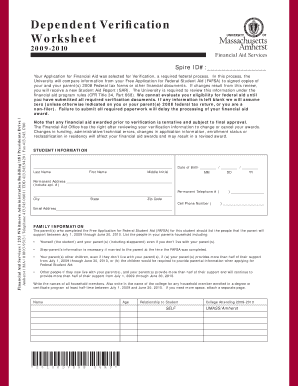 2009-2010 Dependent Verification Worksheet