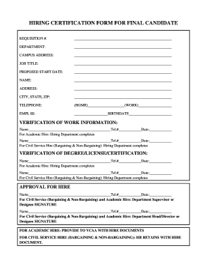 Hiring Certification Form for Final Candidate