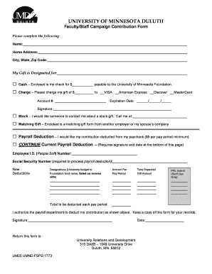 University of Minnesota Duluth Faculty/Staff Campaign Contribution Form