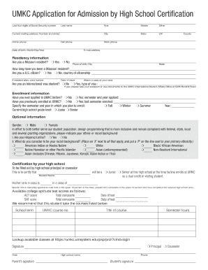 UMKC Application for Admission by High School Certification