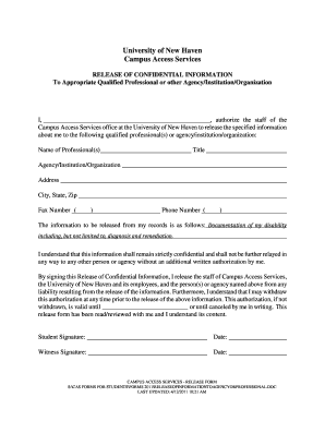 University of New Haven Release of Confidential Information