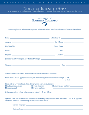 University of Northern Colorado Admission Intent Notice