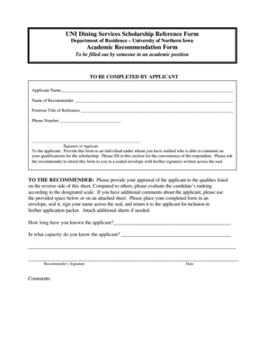 UNI Dining Services Scholarship Reference Form Academic ... - uni