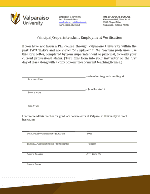 Employment verification letter for immigration - Principal/Superintendent Employment Verification - Valparaiso ... - valpo