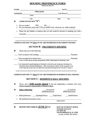 HOUSING PREFERENCE FORM - Wabash College - wabash