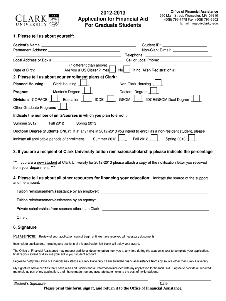 Fillable Online clarku Complete Clark Application for Financial Aid
