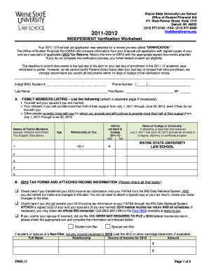 Wayne State University Financial Aid Verification Worksheet