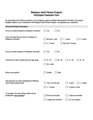 Wesleyan Adult Fitness Program Participant Feedback Form - wesleyan