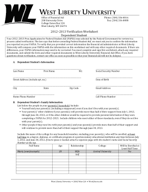 west virginia university 2012 2013 dependent worksheet form