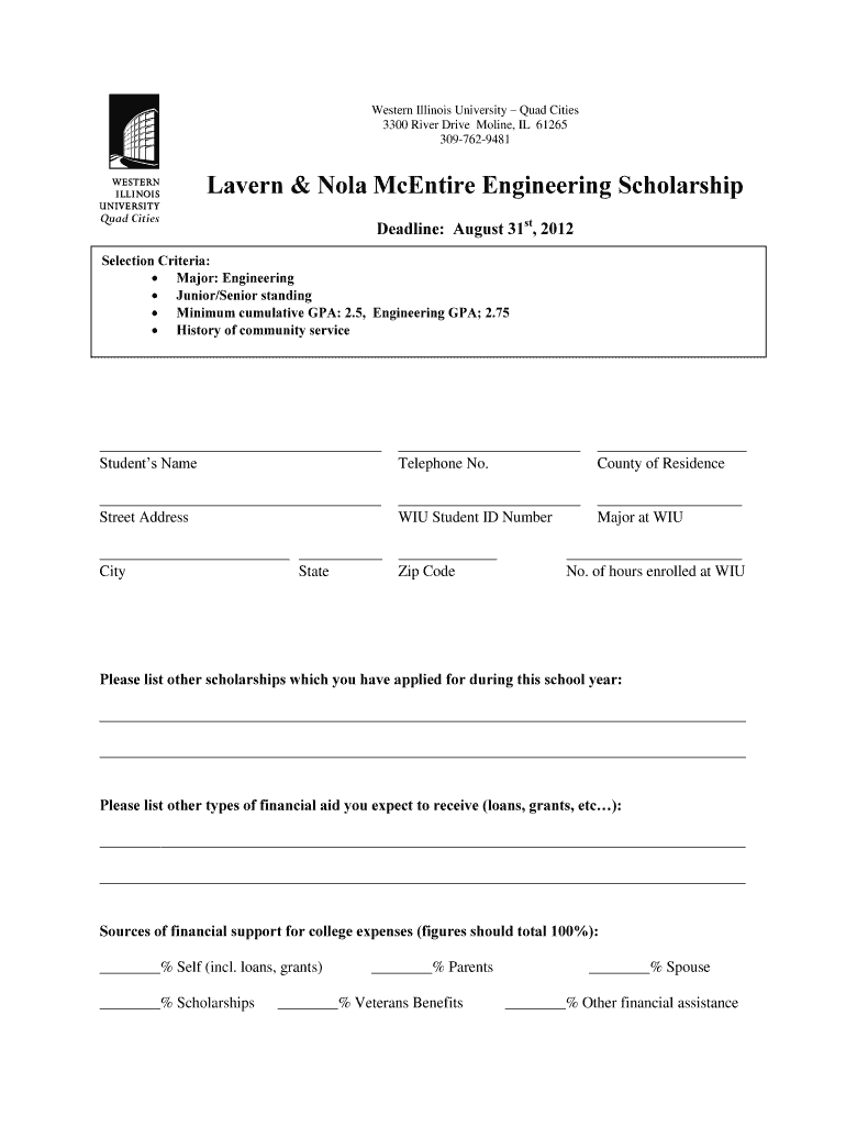 Lavern and Nola McEntire Engineering Scholarship - Western Illinois Preview on Page 1