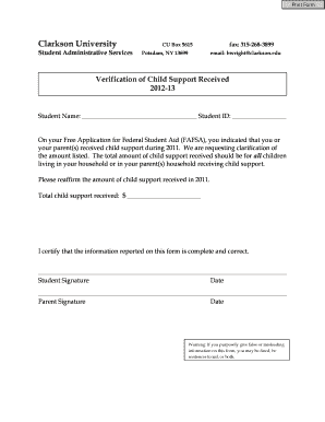 Verification of Child Support Received Form
