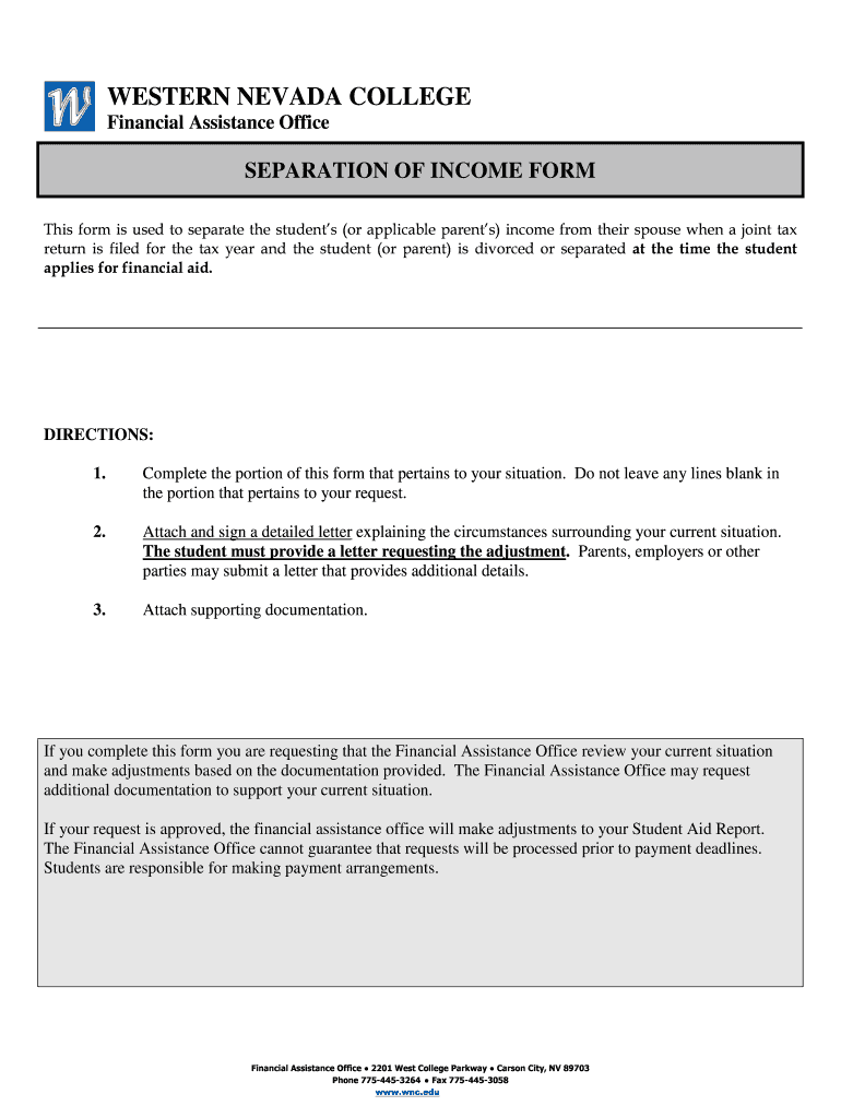 Separation of income form - Western Nevada College Preview on Page 1