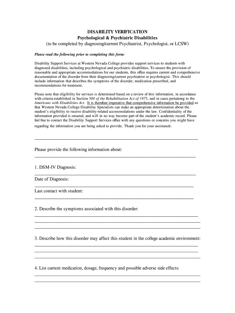 DISABILITY VERIFICATION Psychological and Psychiatric Disabilities - wnc Preview on Page 1