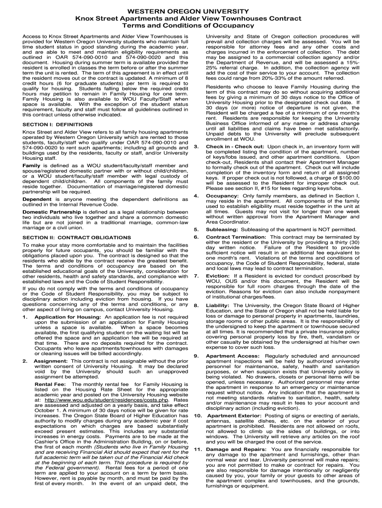 Fillable Online wou Family Housing Contract Western Oregon University