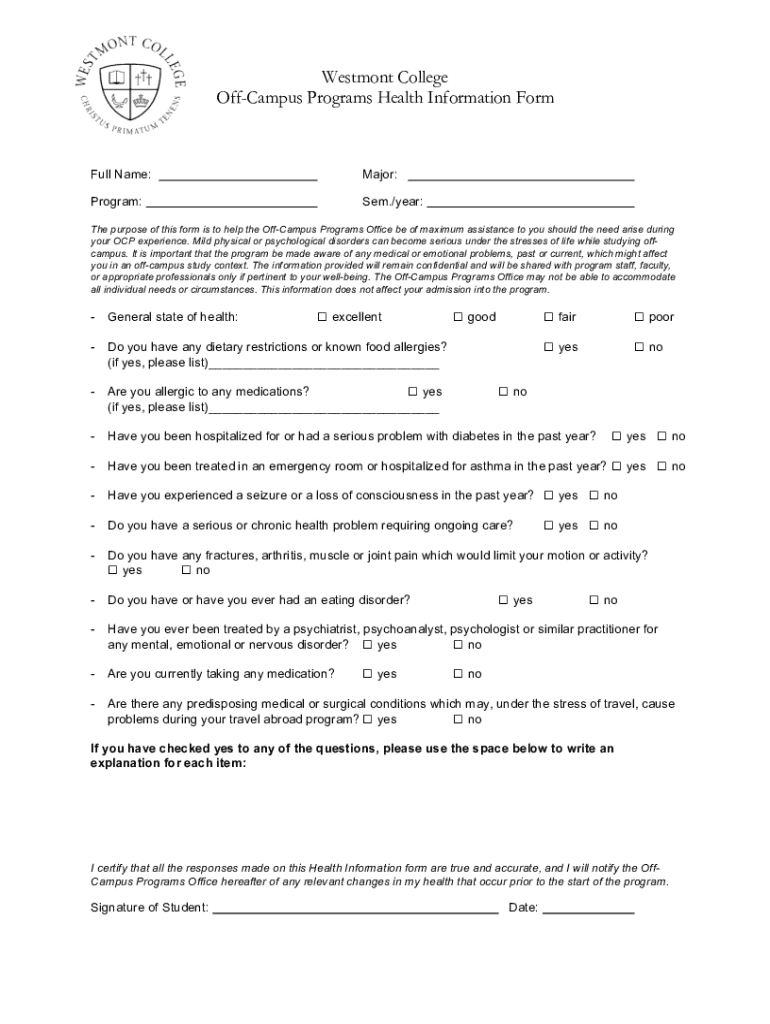 Westmont College Off-Campus Programs Health Information Form Preview on Page 1