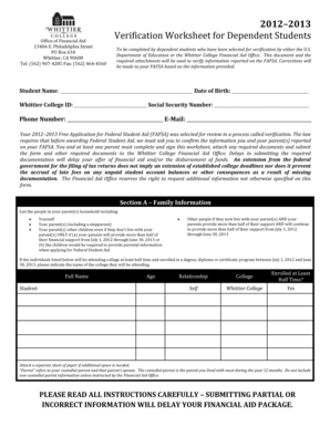 Verification Worksheet for Dependent Students