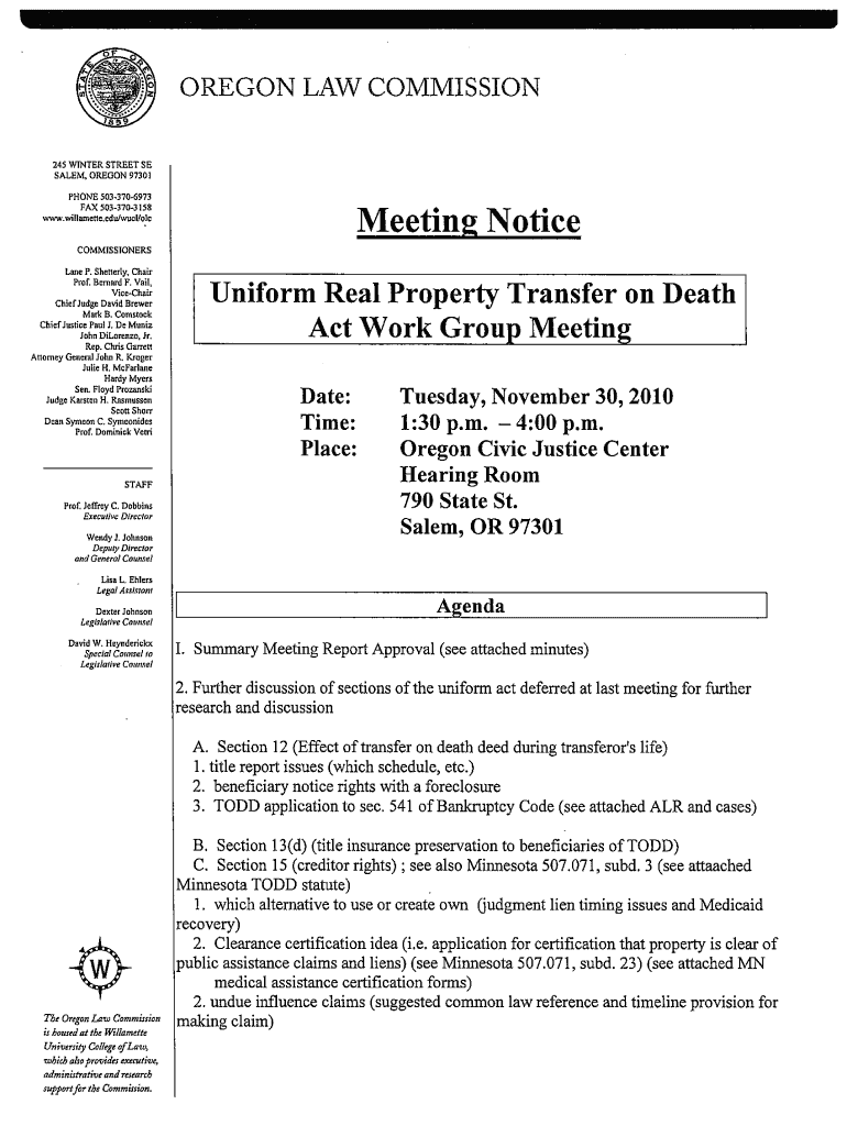 Fillable Online willamette UNIFORM REAL PROPERTY TRANSFER ON DEATH ACT