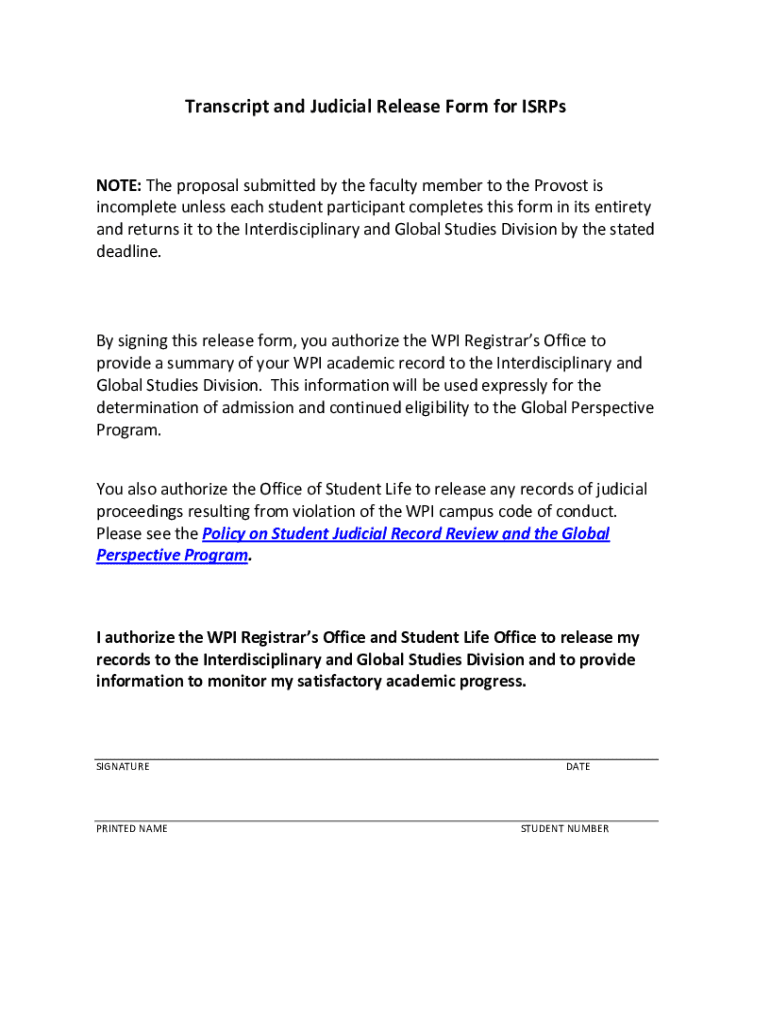 Fillable Online Transcript and Judicial Release Form for ISRPs (TJR