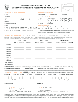 Yellowstone Backcountry Permit Application