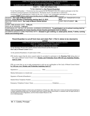 Elementary School Student Trip Consent Form