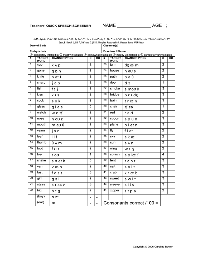 Fillable Online Record Form (with phonetic transcription) and sceening ...