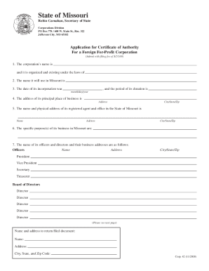 Missouri Foreign Corporation Certificate of Authority Application