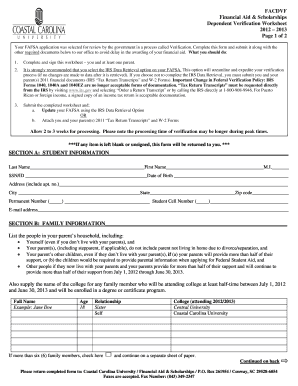 FAFSA Dependent Verification Worksheet