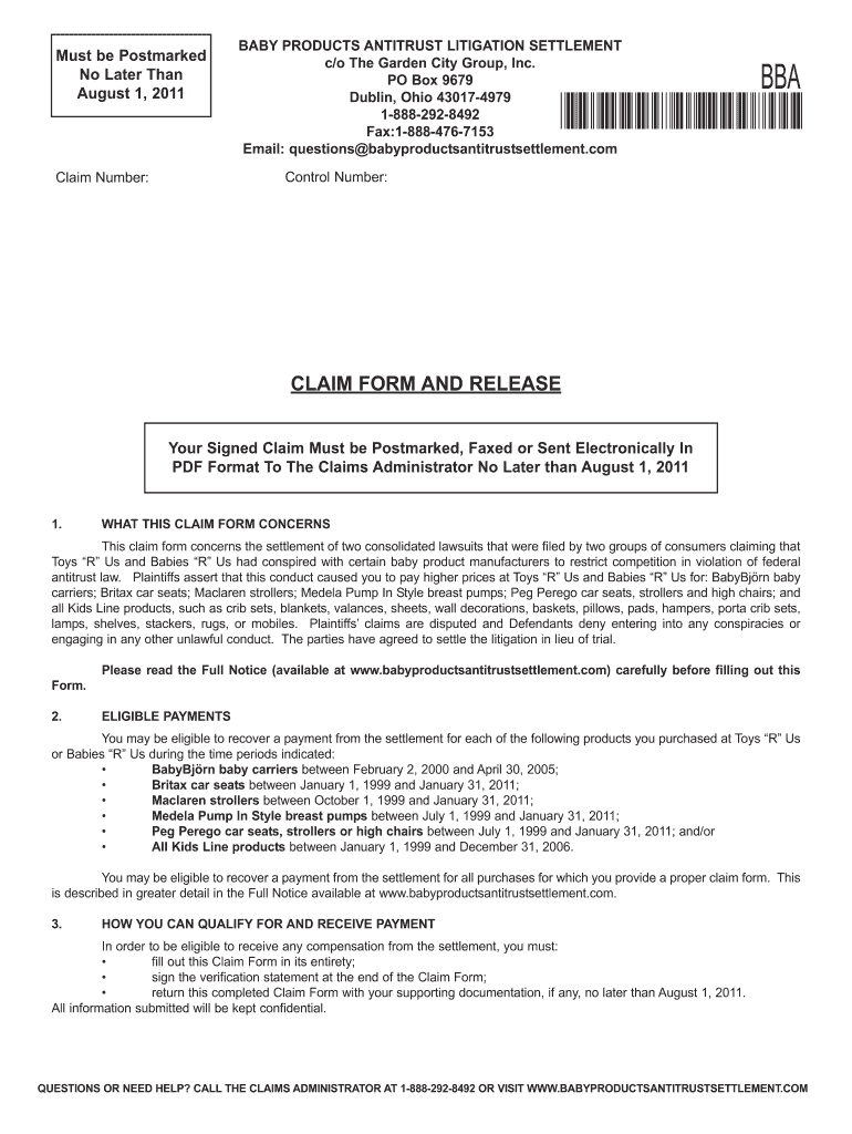 Fillable Online Baby Products Litigation Settlement Claim Form Fax ...
