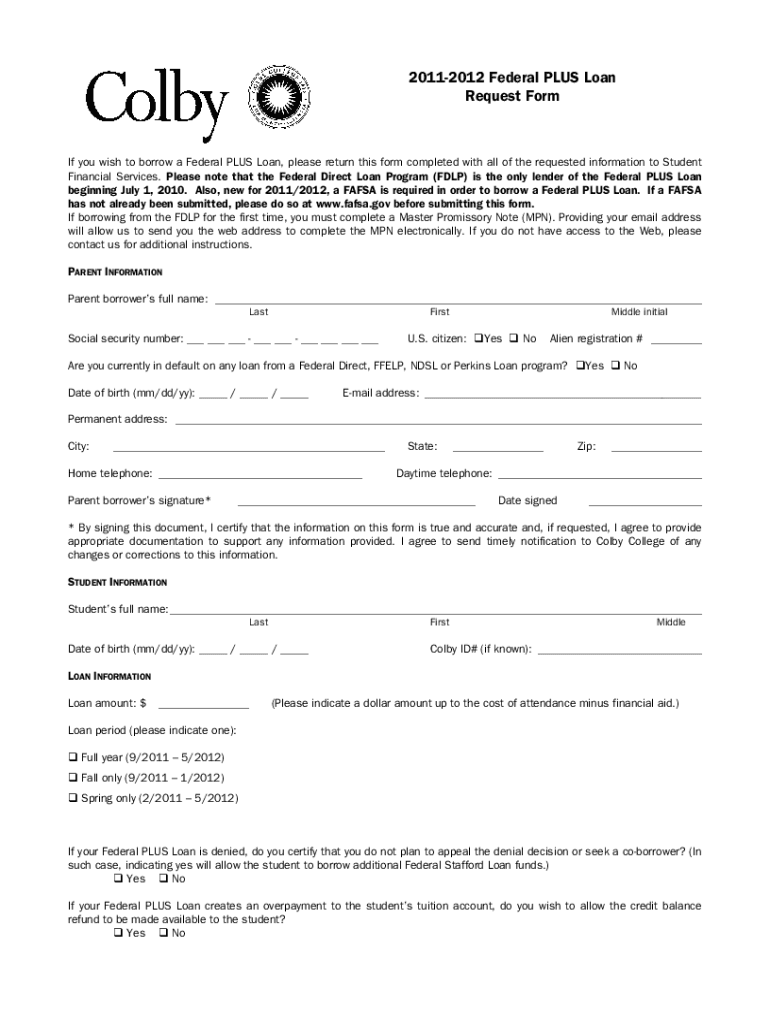 11-12 Federal PLUS Loan Request Form docx Preview on Page 1