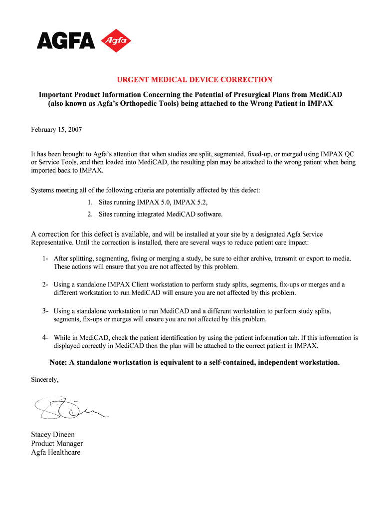 Fillable Online URGENT MEDICAL DEVICE CORRECTION Important